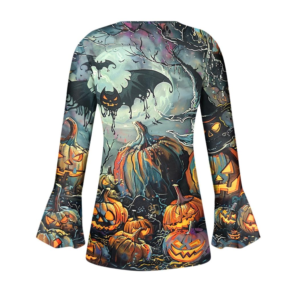Women's Halloween Print V-Neck Long Sleeve T-Shirt with Sleeves and Pleated Button Front