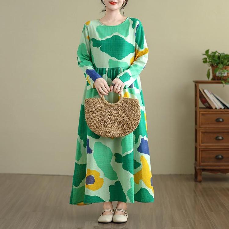 New Vintage Floral Maxi Dress Women Plus Size Spring Long Sleeve Loose Oversize Basic Long Dress