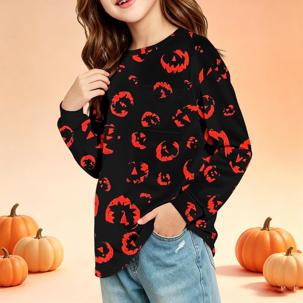 Kids Halloween Print Long Sleeve Neck T-Shirt with Pockets
