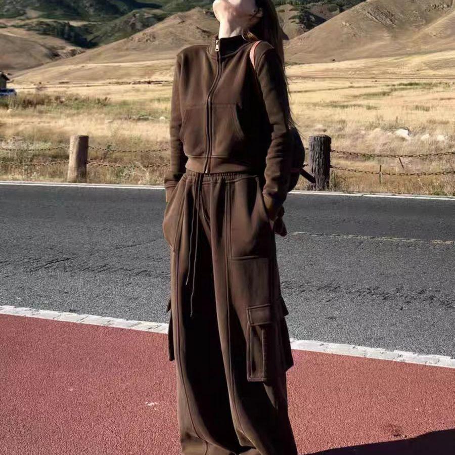 Women's Retro Sportswear Set: Spring Slim Fit Hoodie & Wide Leg Pants Two-Piece Running Outfit
