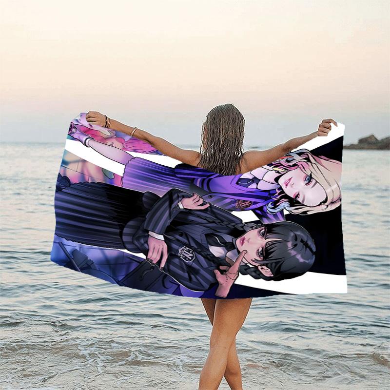 1pc Addams Family Wednesday6 Beach Towel, Sports Cape, Beach and Seaside Swimming Pool Equipment, Fashion Pattern, Rectangular, Travel Essentials
