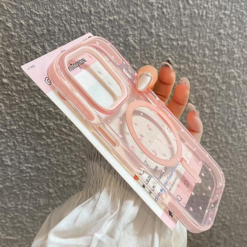 Růžové Hvězdy Magnetický Bezdrátový Nabíjecí Průhledný Měkký TPU Zadní Kryt Pro iPhone 13 14 15 16 17 Pro Max Kompatibilní S Magsafe Pouzdrem