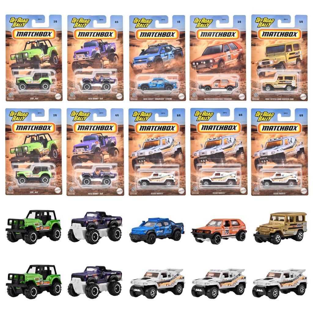 Matchbox Theme Assortment - Off-Road Rally Vehicle Toys, 10 Mini Cars, Box Set, Ages 3 and Up, 987C-GGF12