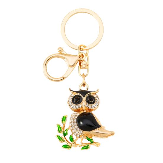 Owl-Shaped Keychain with Enamel Accents Sparkling Rhinestone Car Key Ring for Women Wisdom Symbol Pendant for Bags Keys