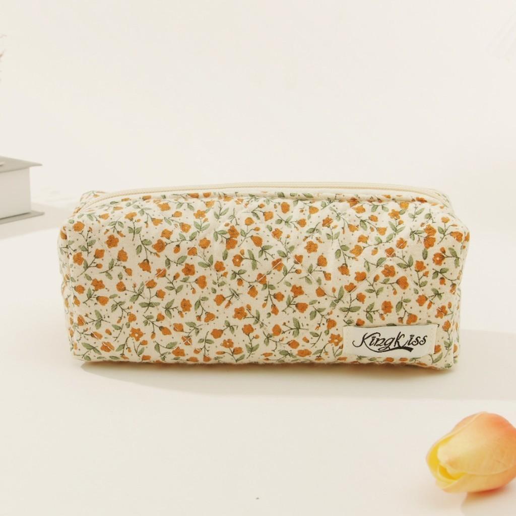 Cute Floral Cotton Pen Pouch Makeup Bag Travel Organizer With Stitching Red/yellow/pink