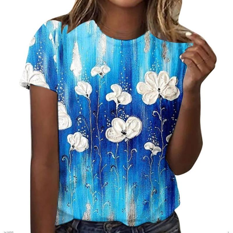 Summer Round Neck 3D Floral Pattern Printed Top Fashionable Casual Short Sleeved Women's T-shirts