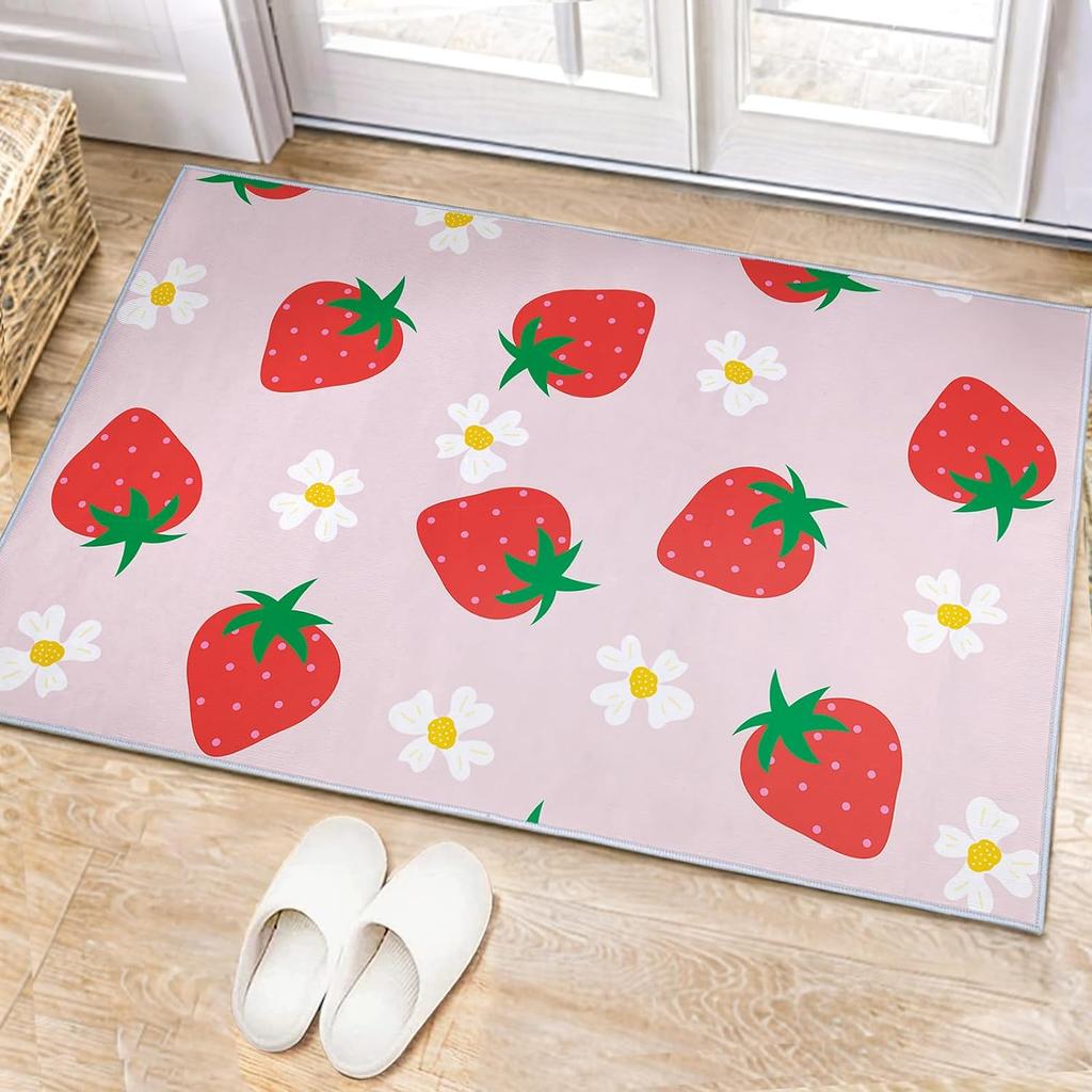 Pink Strawberry Area Rug Kawaii Fruit Print Rugs Mat for Living Room Bedroom Decorative Cute Carpet Non Slip Area Runner Rug