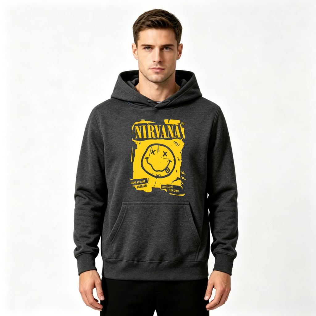 Men Vintage 90s Music Graphic Print Pullover Hoodie Casual Long Sleeve Loose Hooded Sweatshirt