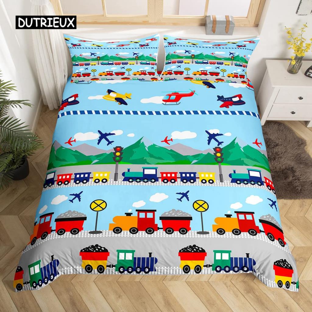 Kids Equipment Trucks Duvet Cover King Boys Cartoon Car Excavator Tractor Bedding Set Construction Highway Comforter Cover Set