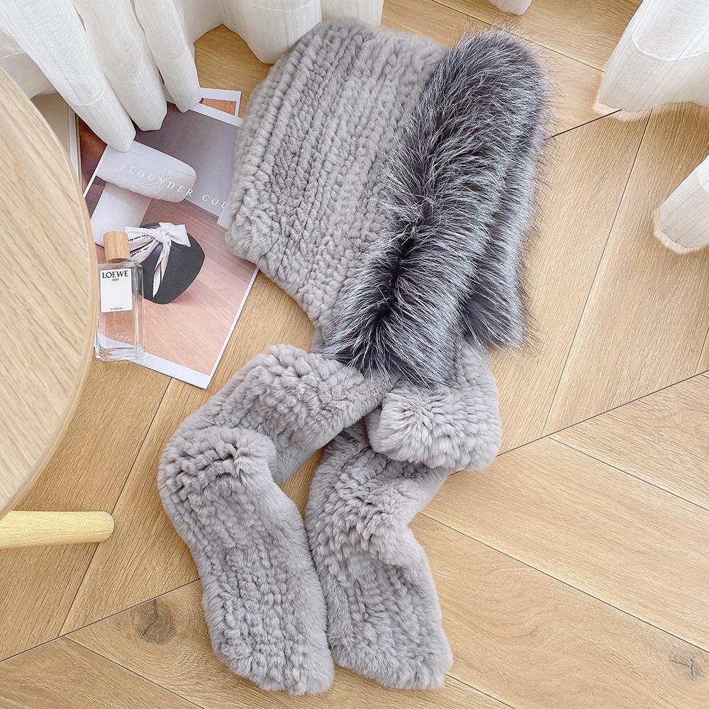 Thick real fox fur scarf cap Luxury women's cap hand knitted real rex rabbit fur hat scarf Girls winter warmth outdoor ski cap