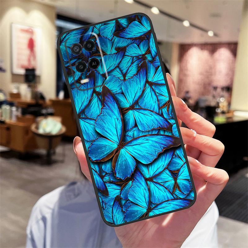 Luxury Blue Butterfly Butterflies Case For Oppo A40 A60 A80 A18 A38 A58 A78 A98 A16 A76 A96 A15 A17 A77 A74 A94 A54 A57S Cover