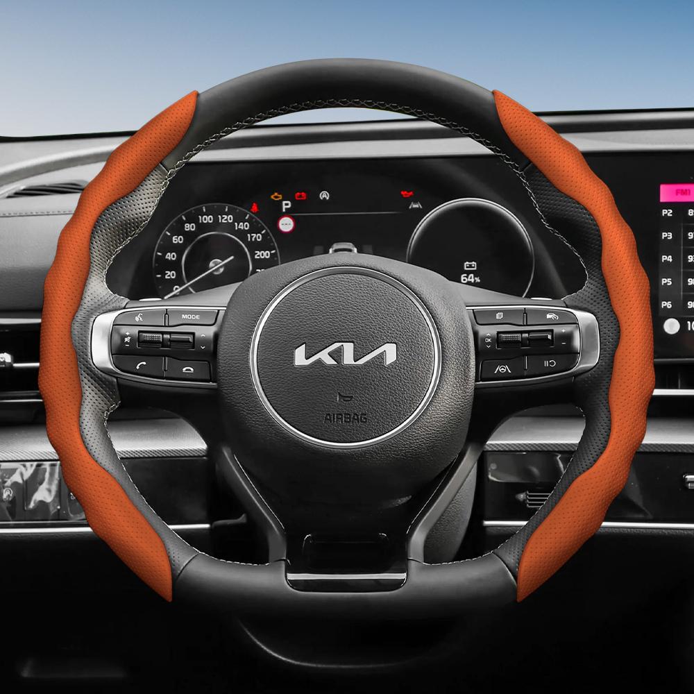 Suitable for Kia Steering Wheel Cover with Wavy Sports Design, Breathable Leather, Segmented Anti-Slip, Sweat-Absorbing Protective Cover for Ceed,