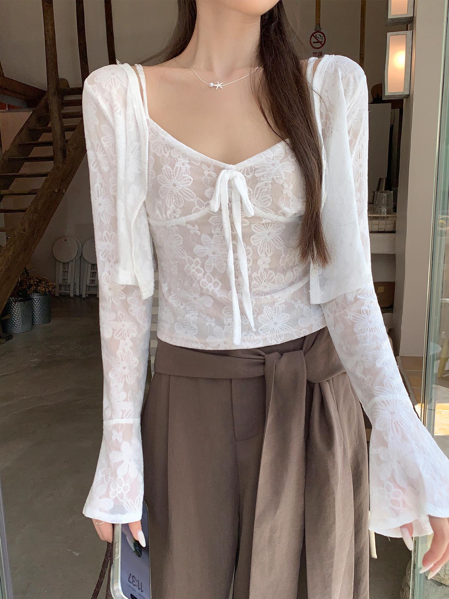 

Spice girl sexy lace jacquard long-sleeved cardigan women s early autumn new lace-up short suspender vest top S