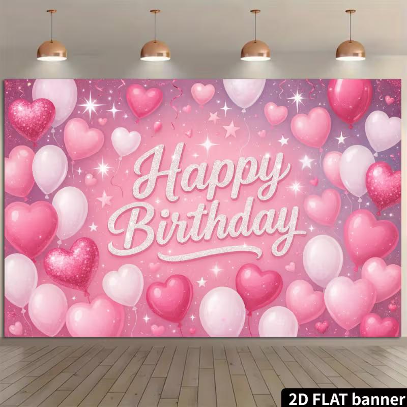 2D Pink Heart & Star Happy Birthday Backdrop Banner Party Photography Background