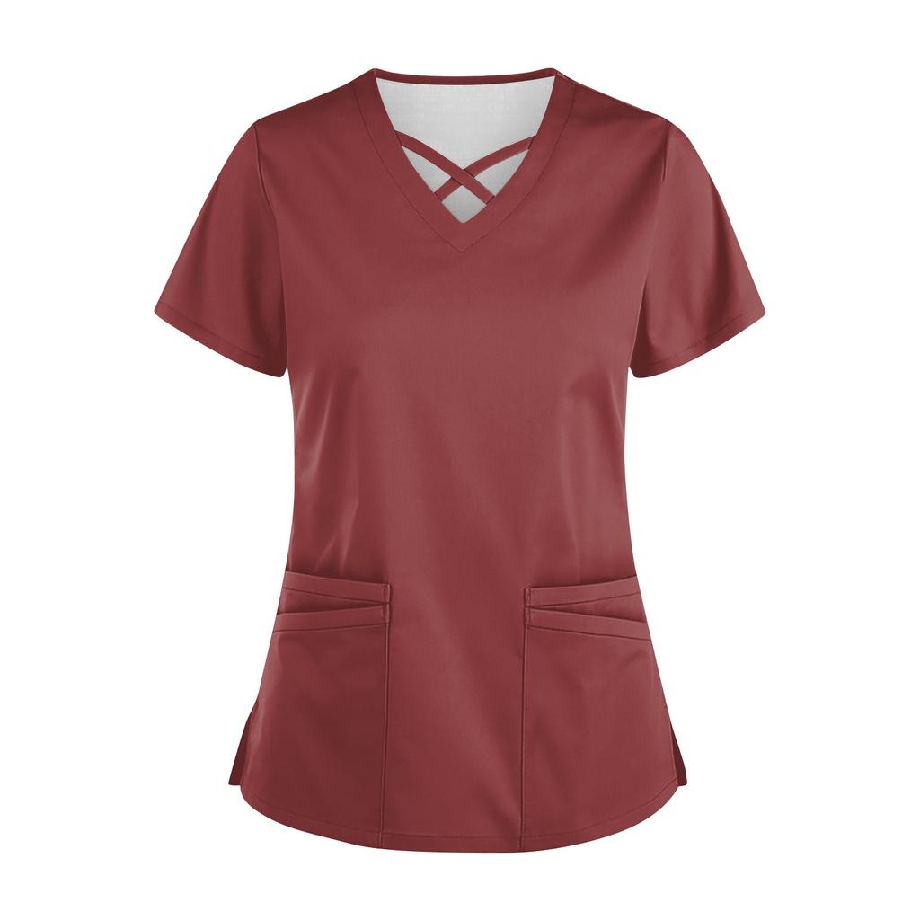 Women’s Short Sleeve V Neck Scrub Top with Cross Neckline and Two Front Pockets for Uniforms