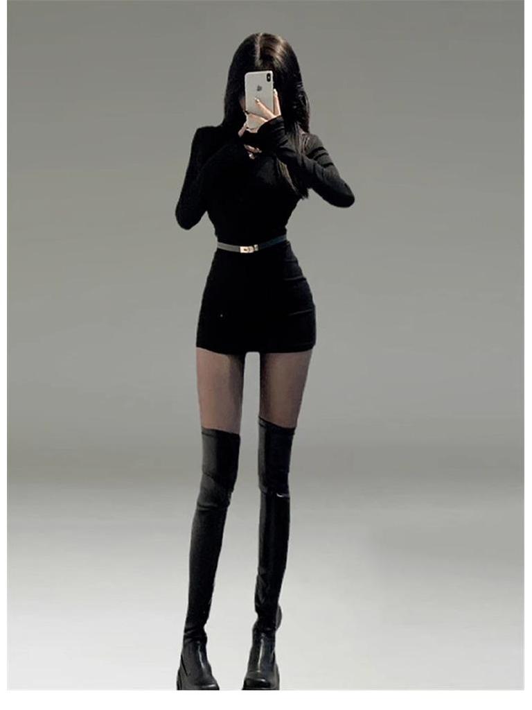 Women's Spring Goddess Style Long-Sleeved High-End Little Black Dress