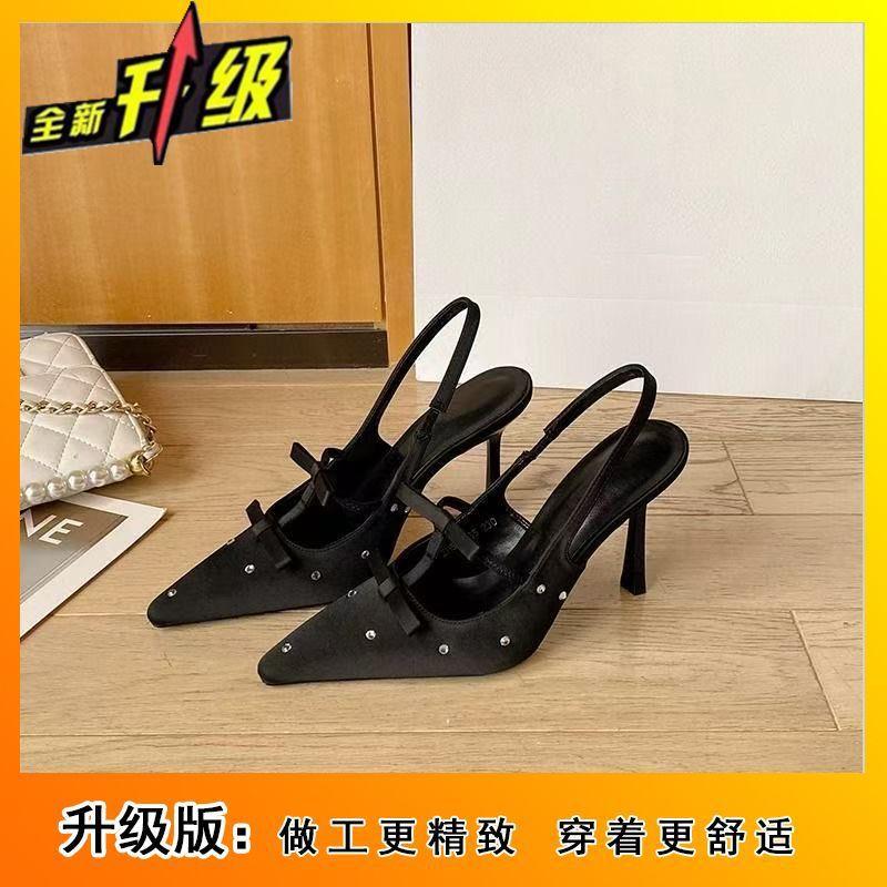 2025 new retro polka dot rhinestone bow high heels shallow mouth pointed thin heel versatile sexy women's single shoes