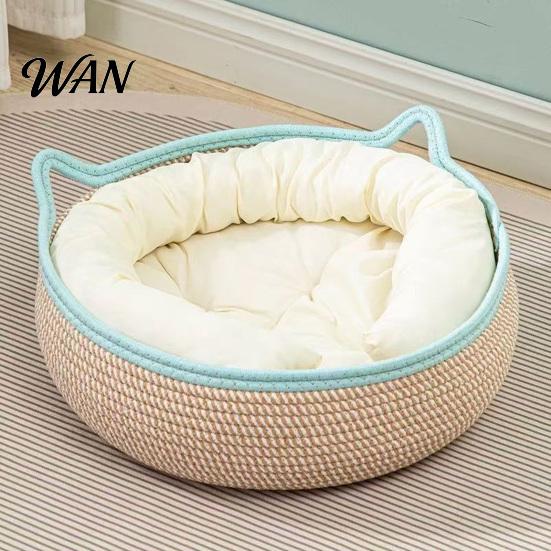 All Season Cat Bed Basket with Cushion Cotton Rope Handwoven Pet Spacious Breathable Ear for Indoor Cats Stretch Space