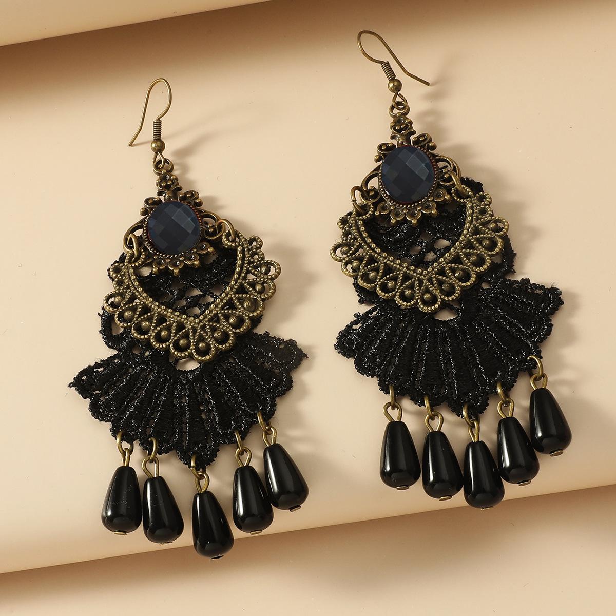 

1pair Vintage Elegant Black Lace Decor Drop Earrings For Women