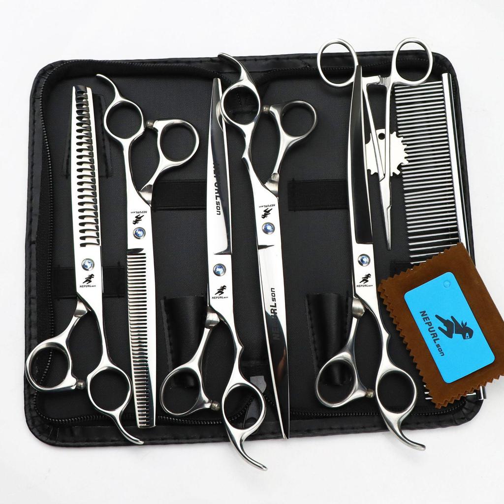 Napson 8-inch Glossy 5-Piece Pet Grooming Scissors Set with Straight Shears, Rake Comb, and Fishbone Tooth Comb
