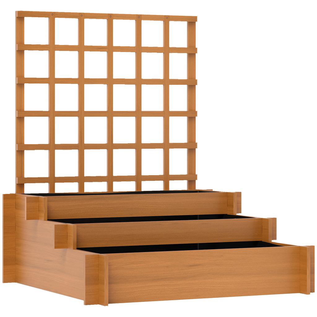 3 Tier Garden Planters with Trellis for Vine Climbing, Wooden Raised Beds, 95x95x110cm, Brown