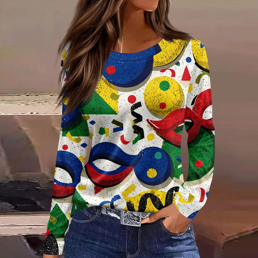 Women's Fashionable Casual Neck Long Sleeve Hem Split Carnival Print T-Shirt Top