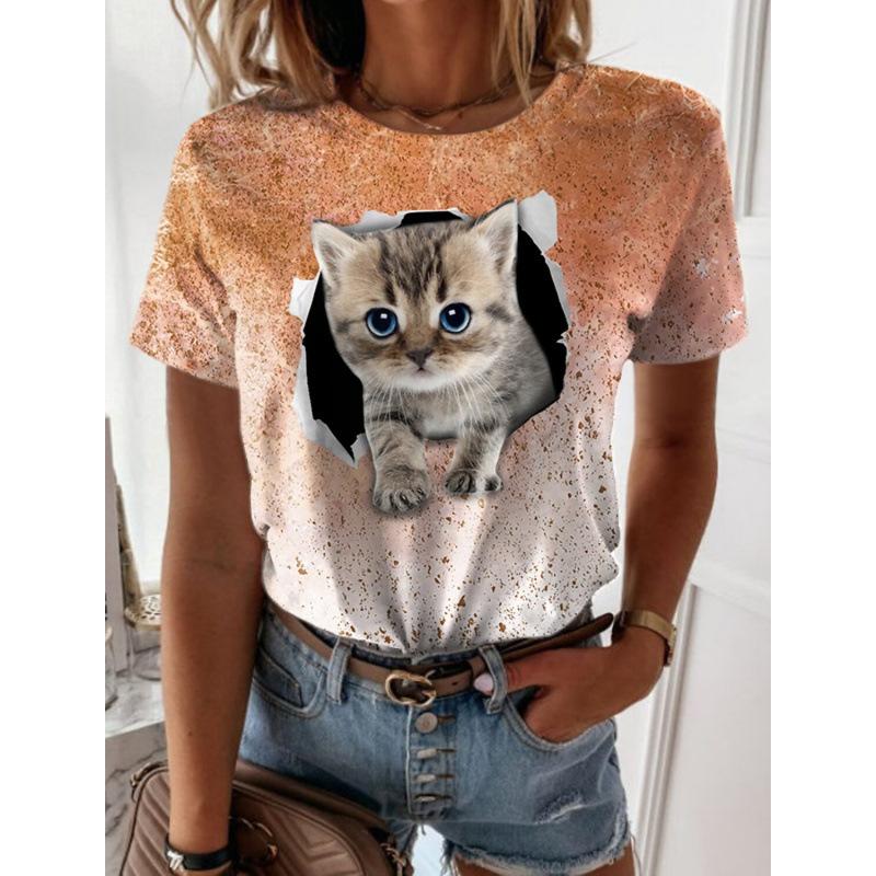 Sommar 3D-tryckt Katt Hund Kortärmad T-shirt Casual Lös Rund Hals Dammode Topp T-shirts Dam
