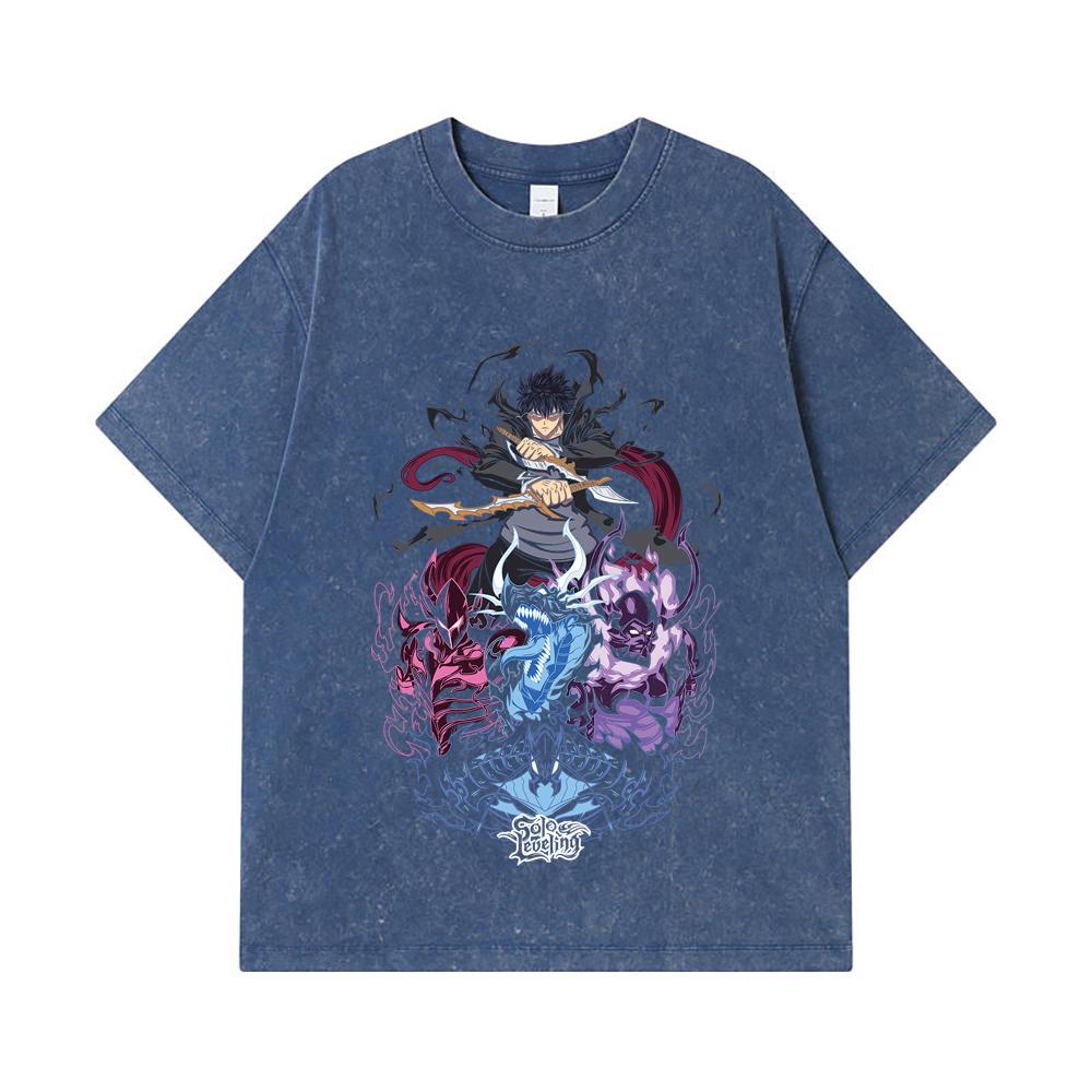 275 GSM Washed T-shirts 100% Cotton Solo Leveling V15 Print Unisex Heavy Cotton T Shirt