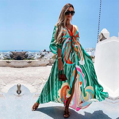Bikini Cover-ups Boho Baskı Uzun Elbise Kendinden Kuşaklı Seksi Plaj Tunik 2022 Yaz Kadın Plaj Kıyafeti mayo Cover Up