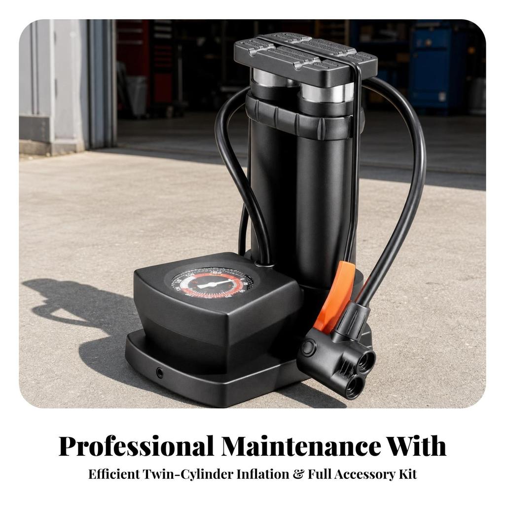 Compact Bike Foot Pump | Wide Non-Slip Pedal, Double Cylinder Pump,