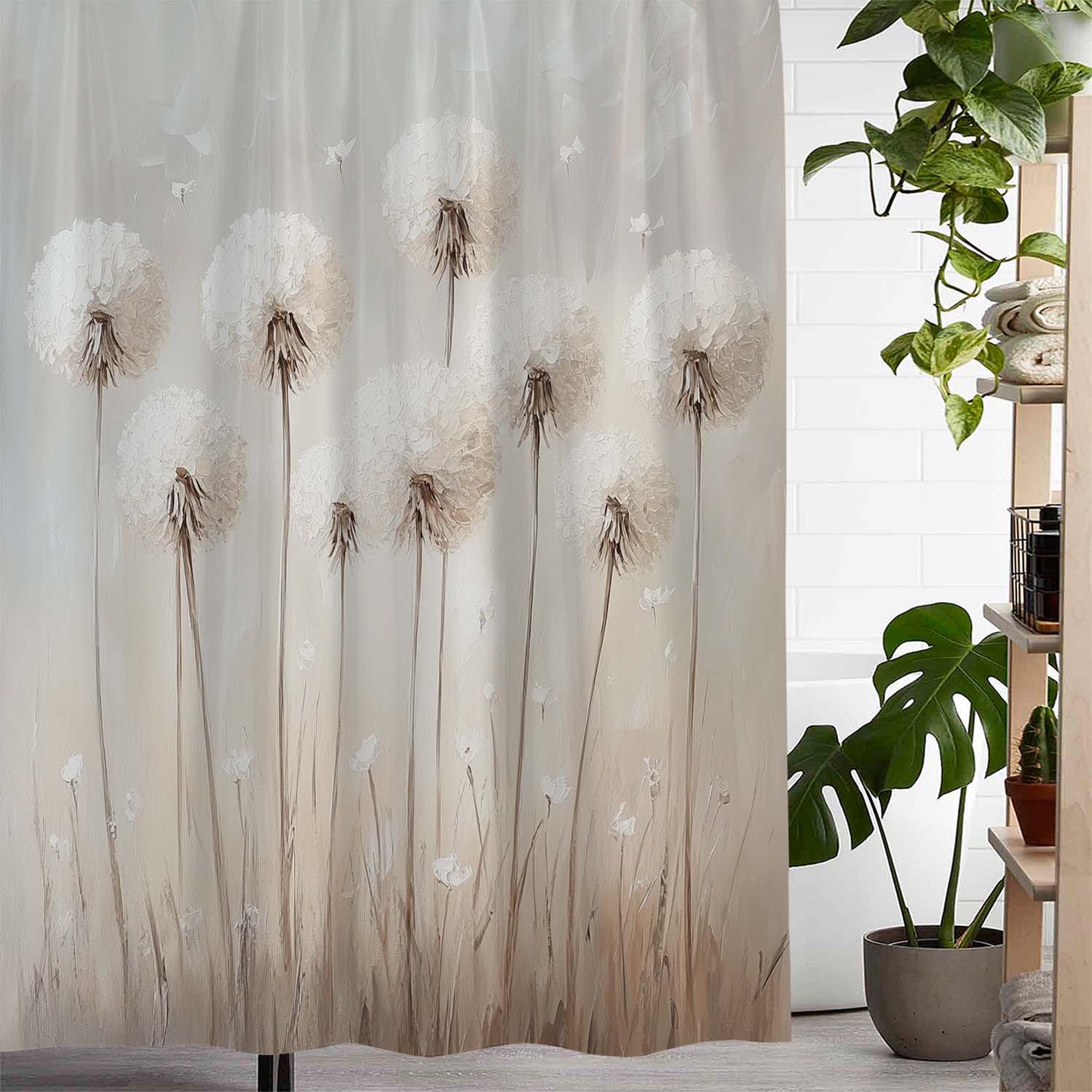 

Elegant Dandelion Print Curtain - Soft Beige With White Flowers & Seeds, Polyester, 12 Hooks, Perfect For Bathroom/Bedroom Decor W60H190(CM)-1 Pcs