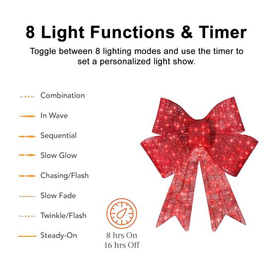 LED Christmas Bow Decoration Outdoor Holiday Yard Decor with Red Lights Timer-controlled Holiday Bow Lights