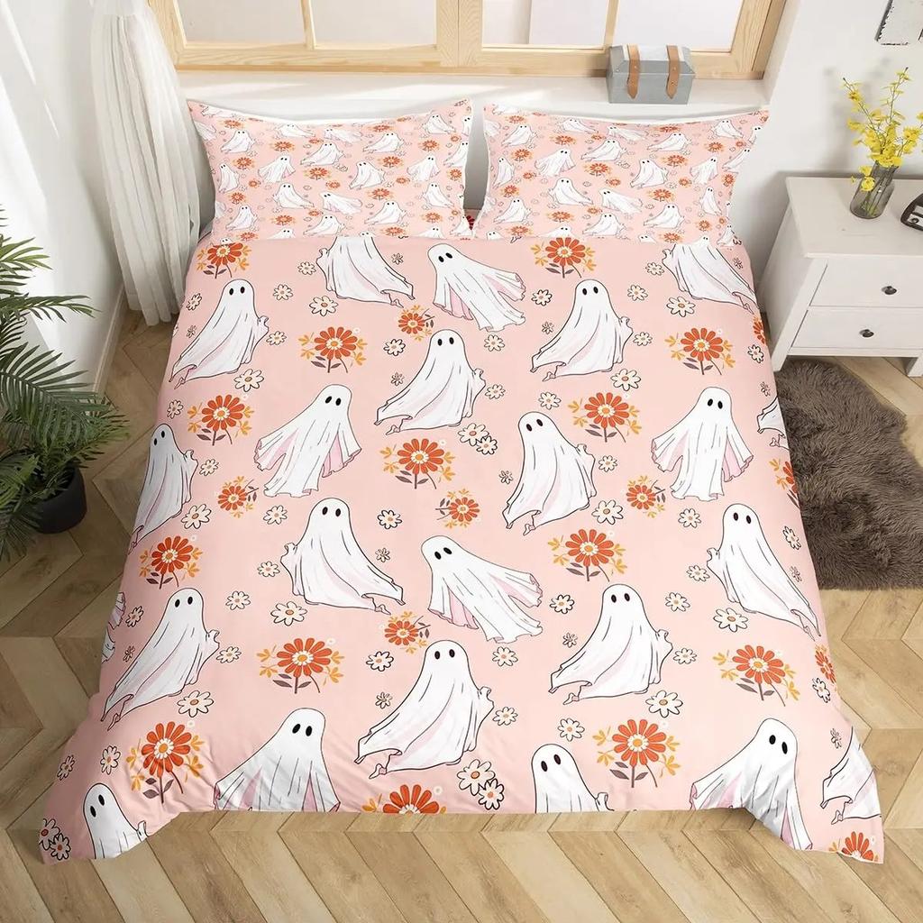 Ložní souprava Sugar Skull Queen Povlak na přikrývku s kostrou pro chlapce dívky teenagery Růžový povlak na přikrývku s mašlí Halloweenský motiv Povlak na prošívanou deku