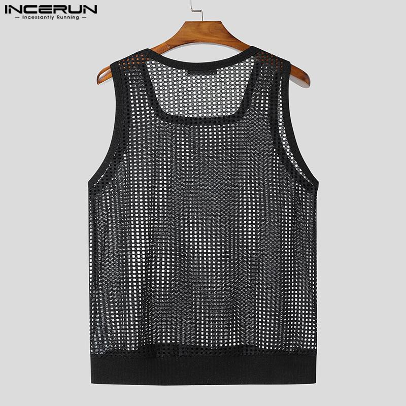 INCERUN Men Square Collar Sleeveless Hollow Out Casual Beach Tank Tops