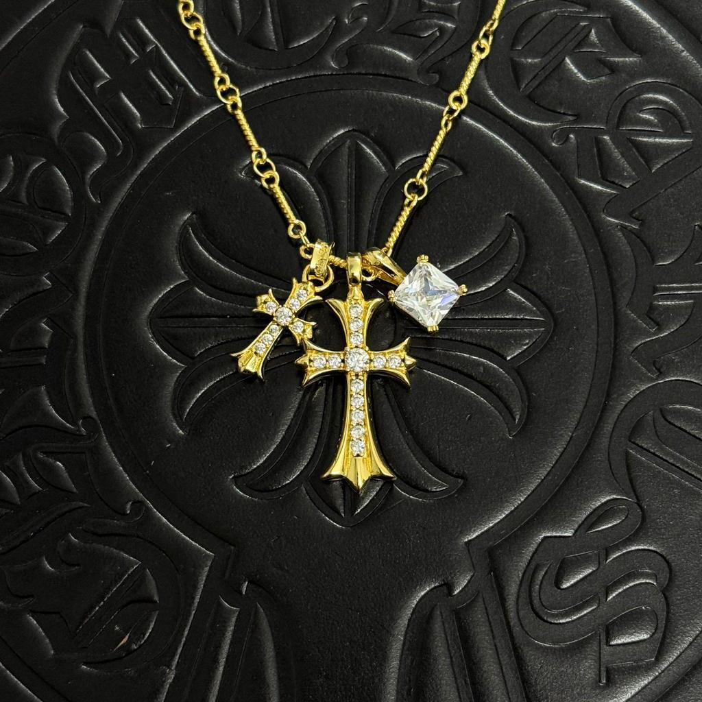 Chrome Hearts Retro Distressed Double Cross Square Pendant Necklace - Unisex Fashion Accessory