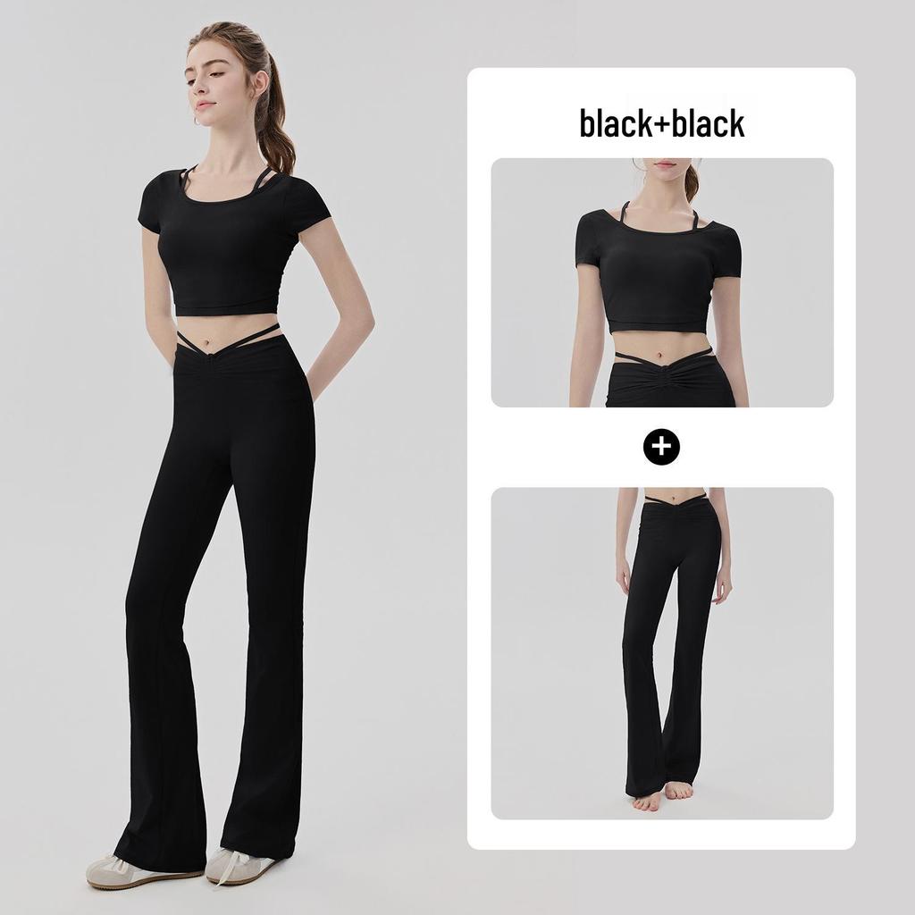 Women's Cooling Yoga Suit: Short Sleeve Top with Built-in Bra & Draping Tie-up Micro Flare Pants Set