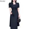 ZANZEA Women Casual Square Collar Summer Short Sleeve Sheath Dress