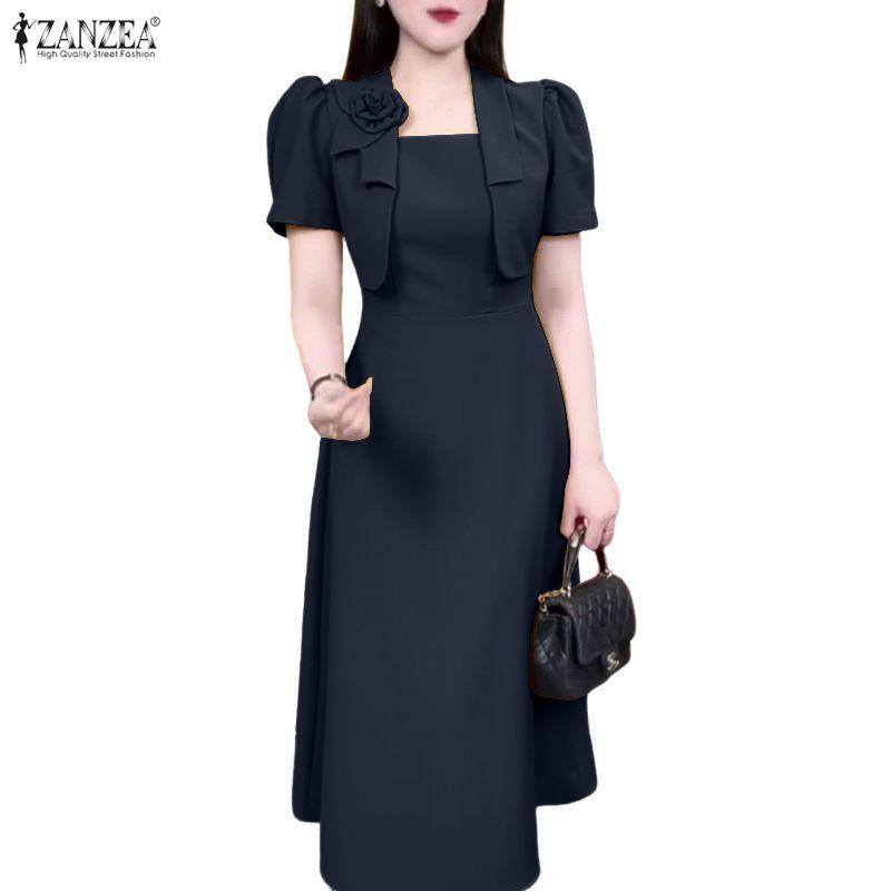 ZANZEA Women Casual Square Collar Summer Short Sleeve Sheath Dress