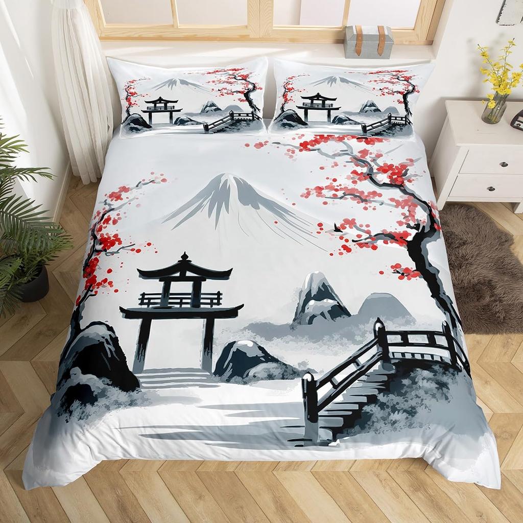 Japanischer Stil Bettwäscheset Einzelgröße Japanische Welle Bettbezug Set Kirschblüten Ozeanwelle Sonnenuntergang Bettbezug