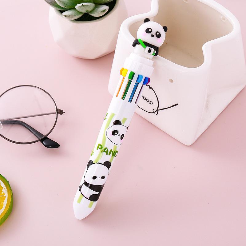4 Stück 0,5 mm Panda Zehn-Farben-Kugelschreiber Kreativer Cartoon Silikon 10-Farben-Kugelschreiber Niedlicher Klick-Mehrfarben-Stift Kontostift