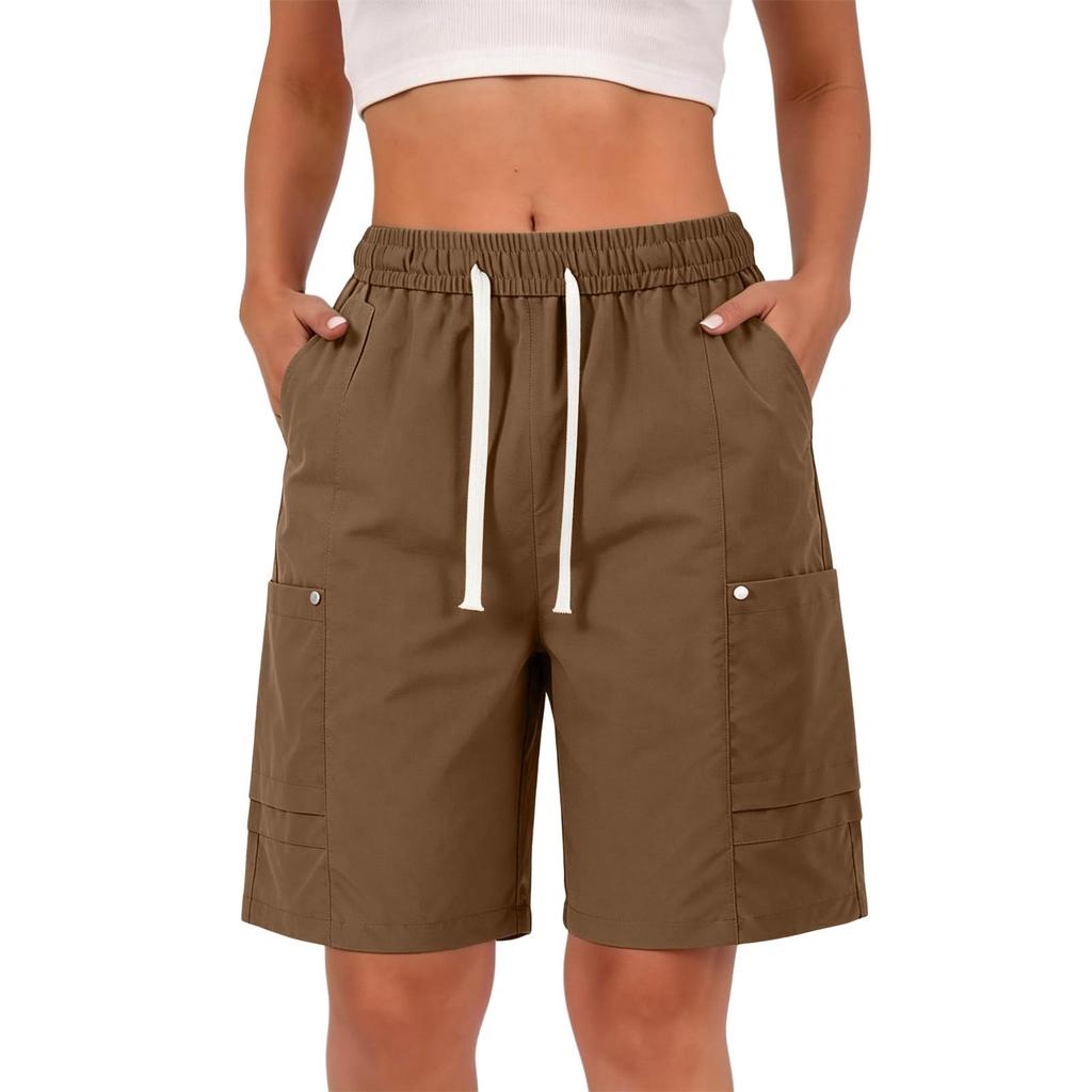 Women’s Summer Loose Fit Drawstring Waist Cargo Shorts with Pockets for Hiking Travel Casual Relaxed Wide Leg Design