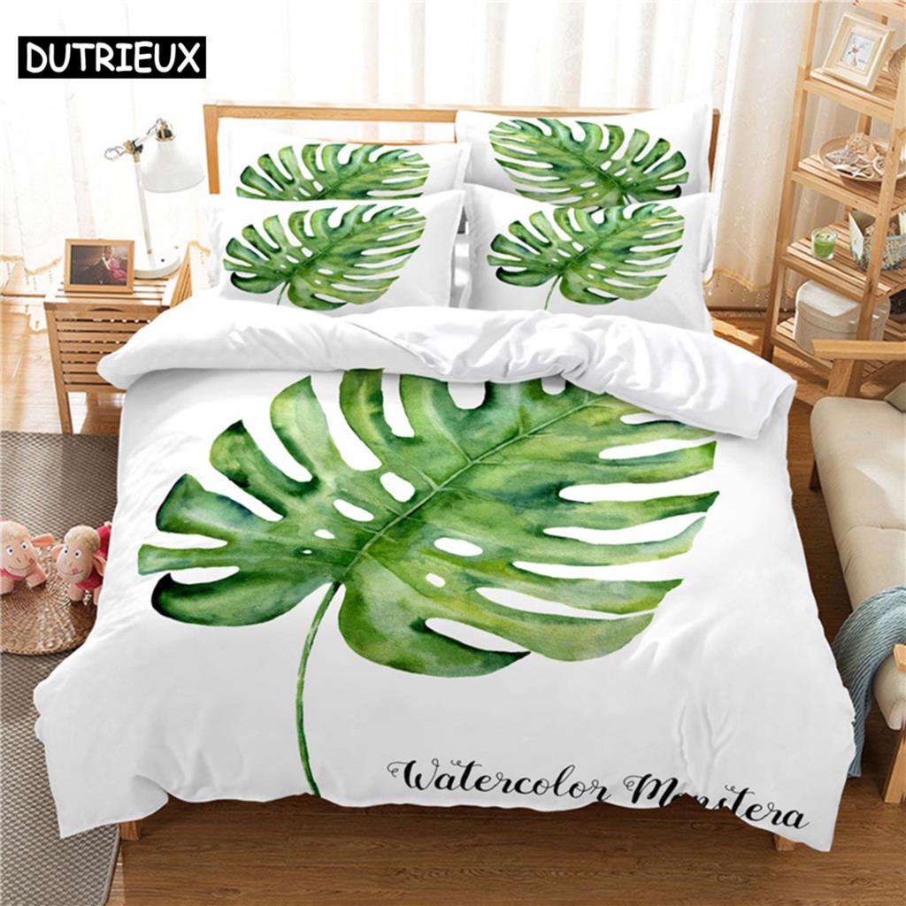 3D Digital Printing Fashion Design Fresh Leaves Bedding Set, Queen Size Duvet Cover Set