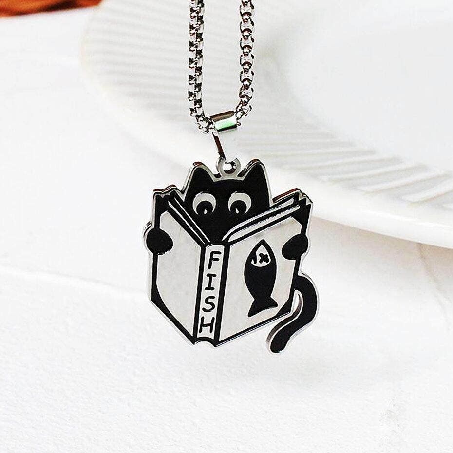 2024 Titanium Steel Black Cat Necklace For Women Men Trend Black Round Cat Pendant Sweater Chain Couple Neck Accessories