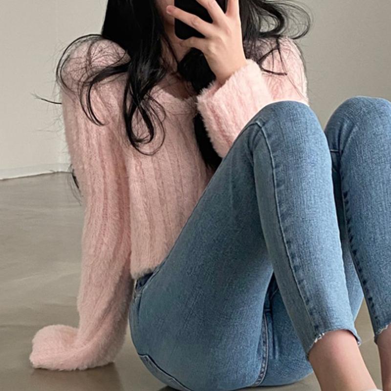 Ladies Autumn Winter Long Sleeve V Neck Solid Color Knitted Plush Blouse Sweater Top