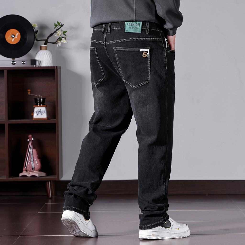 Plus Size Men's Straight-Leg High-Waisted Denim Trousers with High Elasticity