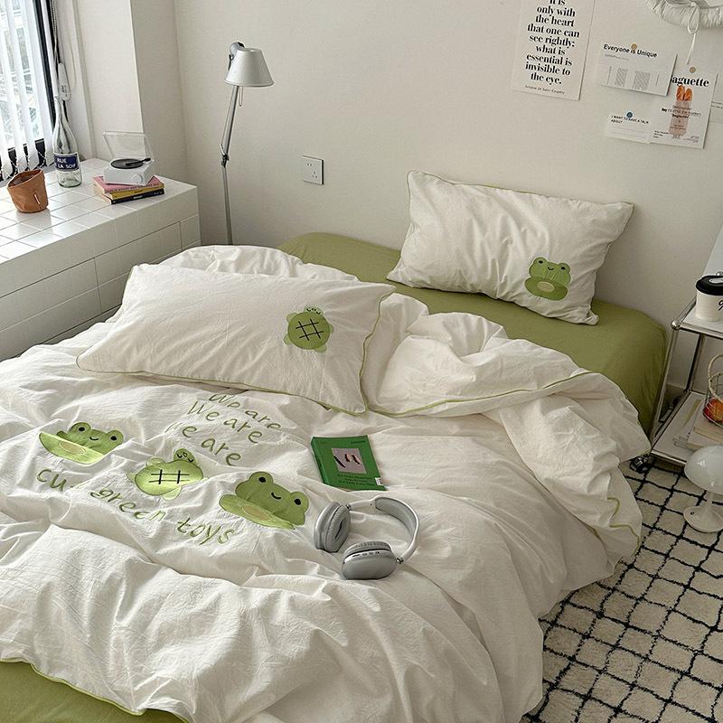 Girl Heart Simple Four-piece Set Soft Washed Cotton Cute Embroidery Heavy Industry Bed Sheet Quilt Cover Dormitory Three-piece Set
