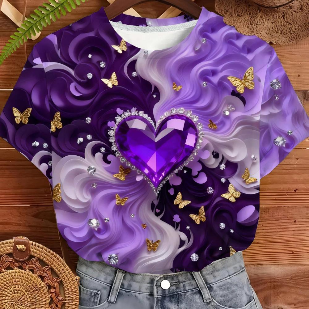 Large Size Women'S Digital Printed Short Sleeved T-shirt Crew Neck Slight Stretch Fabric, Regular Sleeve, All Seasons