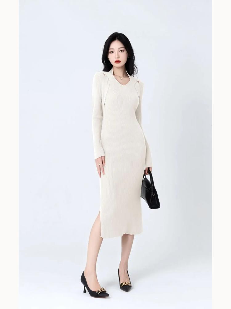 Elegant Women's Knit Dress Temperament Retro Neck Knit Dress Fall Winter Fashion Women's Inside Take Long Sleeved Sweater Skirt Dresses for Women 2025