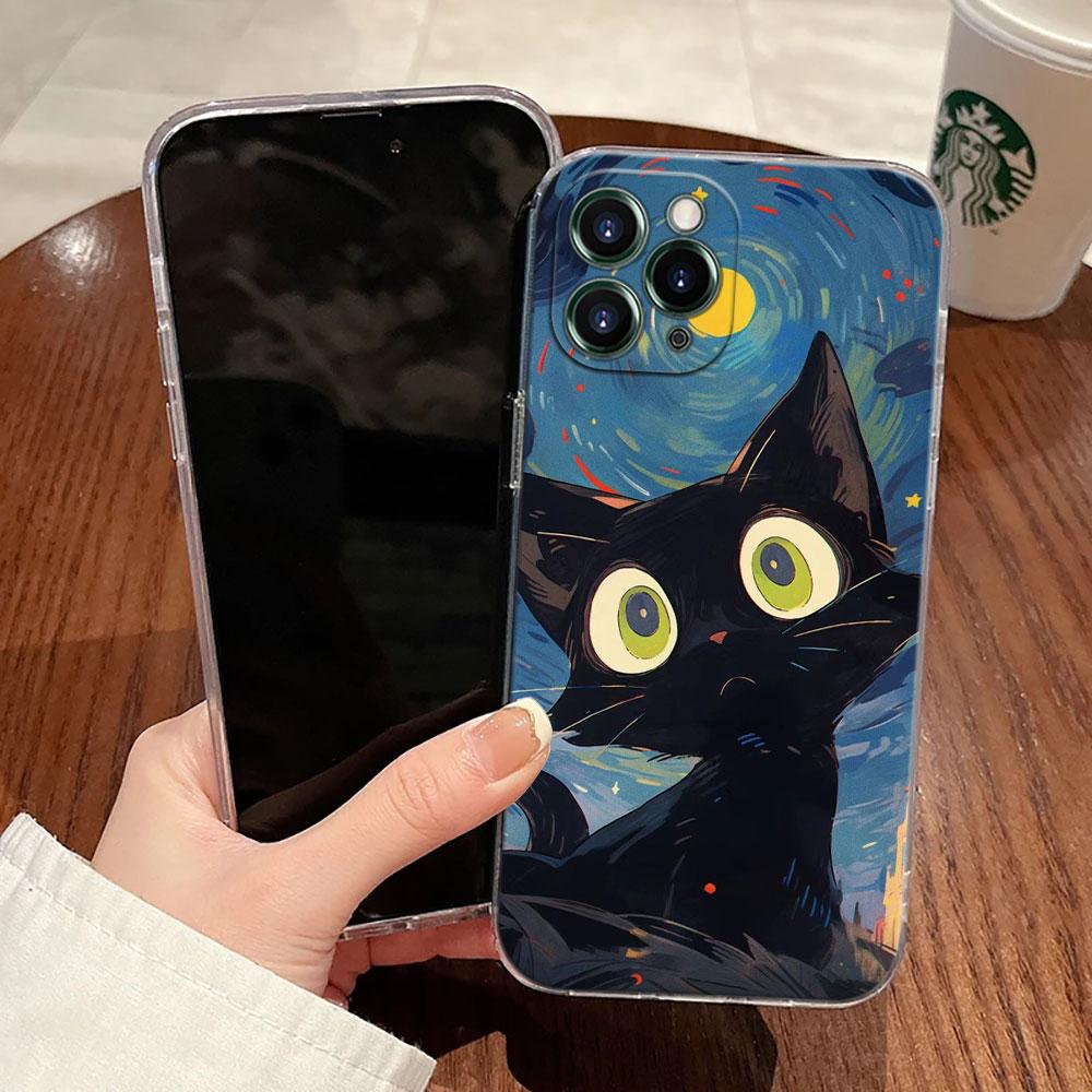 Retro Oil Painting Starry Sky Cat Case For Apple iPhone 17 16 15 14 13 12 11 Pro Max 16 Plus 16E 17Air 17Pro Phone Cover Funda