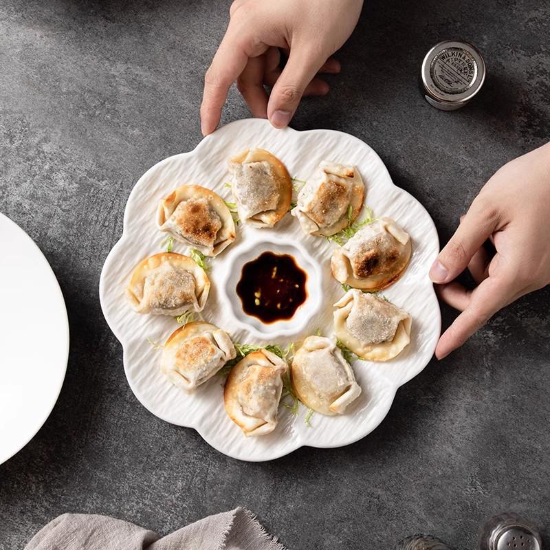 White Ceramic Divided Plate with Vinegar Dish for Dumplings, Shrimp, Breakfast, or Fries